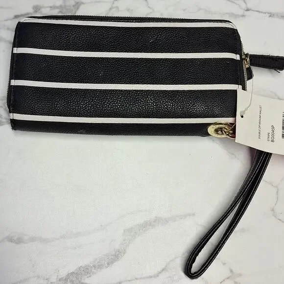 Betsey Johnson NEW zip around wristlet wallet faux leather w roses striped bling - Picture 10 of 13